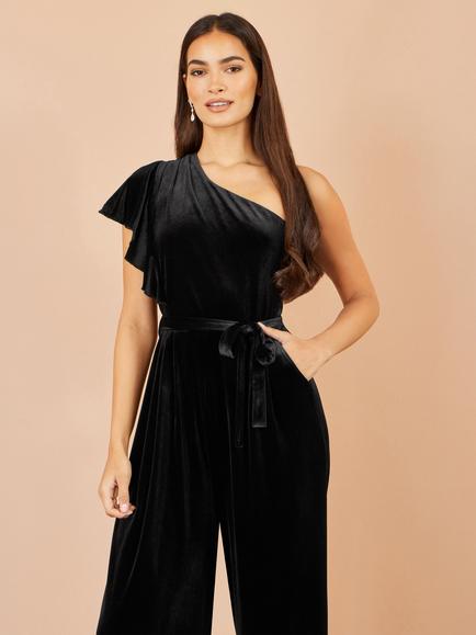 Yumi Velvet One Shoulder Wide Leg Jumpsuit, Black - view 2, Black