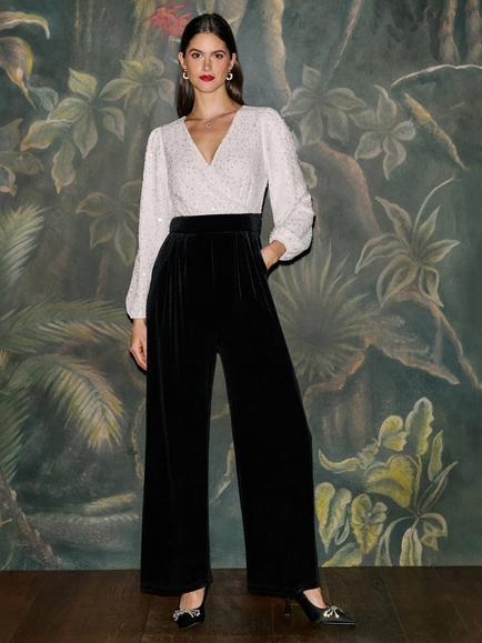 Yumi Sequin Embellished Wide Leg Velvet Jumpsuit, Ivory/Black, Ivory/Black