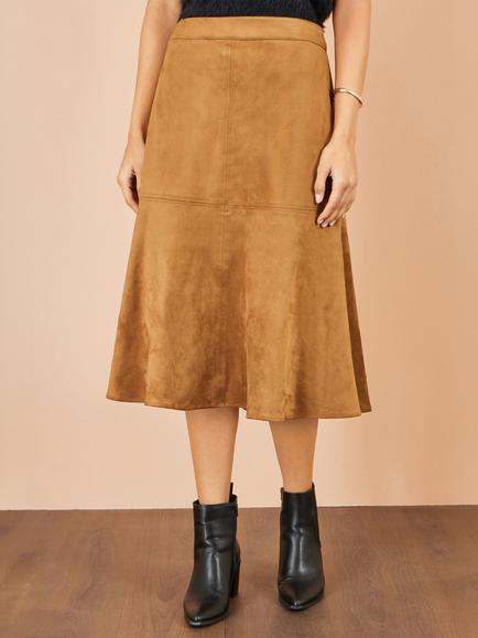 Yumi Faux Suede Midi Skirt, Brown - view 2, Brown