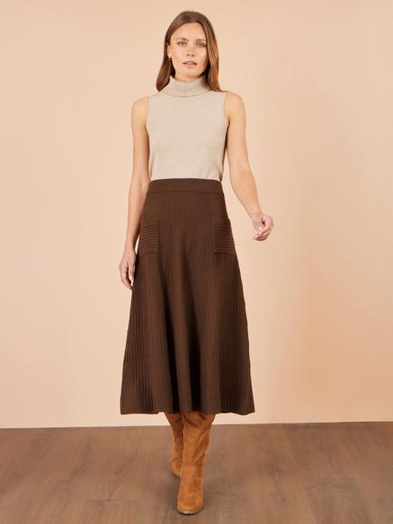 Yumi Knitted A-Line Midi Skirt, Brown, Brown