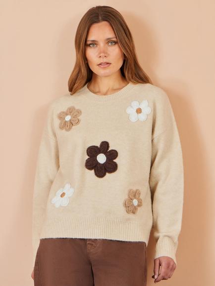 Yumi Crew Neck Crochet Flower Jumper, Beige