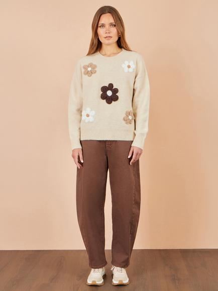 Yumi Crew Neck Crochet Flower Jumper - view 2, Beige