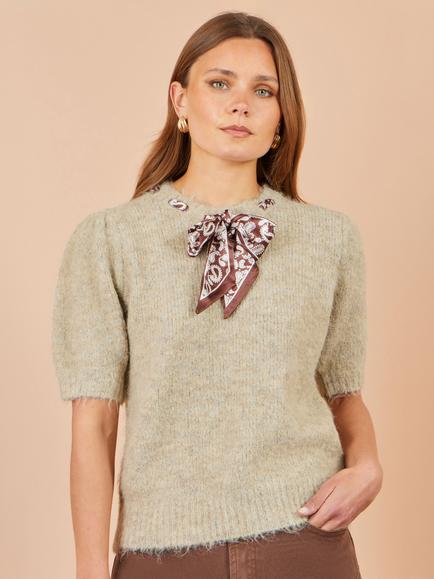 Yumi Fluffy Crew Neck Scarf Jumper, Beige, Beige