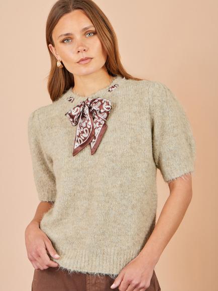 Yumi Fluffy Crew Neck Scarf Jumper, Beige - view 2, Beige