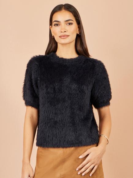 Yumi Fluffy Crew Neck Short Sleeve Jumper, Black, Black