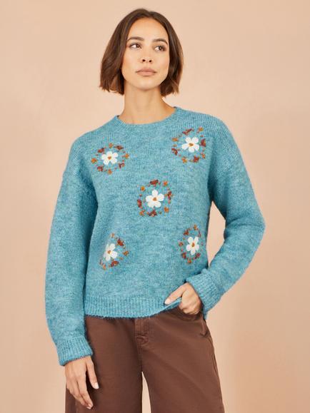 Yumi Floral Embroidered Fluffy Knit Jumper, Blue, Blue