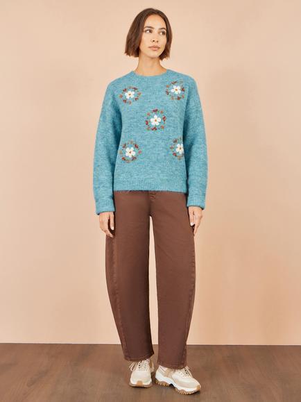 Yumi Floral Embroidered Fluffy Knit Jumper, Blue - view 2, Blue