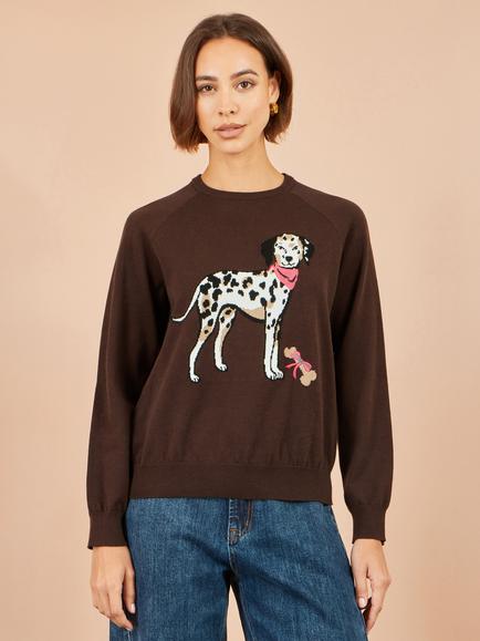 Yumi Dalmatian Intarsia Knit Jumper, Brown, Brown