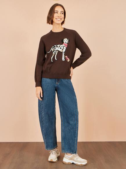 Yumi Dalmatian Intarsia Knit Jumper, Brown - view 2, Brown