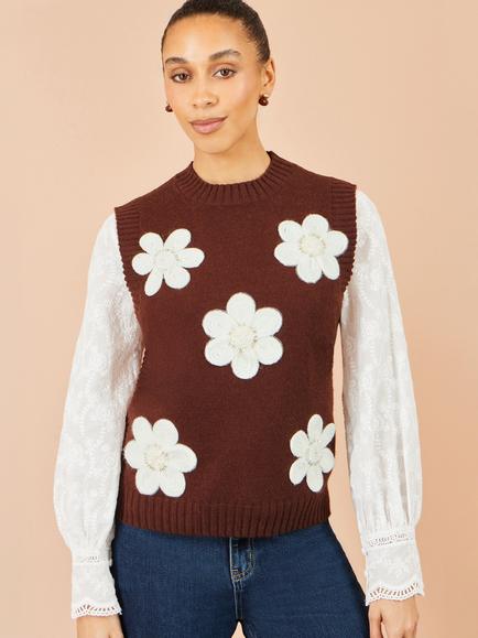 Yumi Flower Applique Sleeveless Knit Tank Top, Brown, Brown