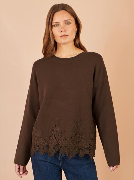 Yumi Floral Lace Hem Knit Jumper, Brown