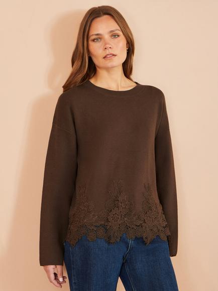 Yumi Floral Lace Hem Knit Jumper - view 2, Brown