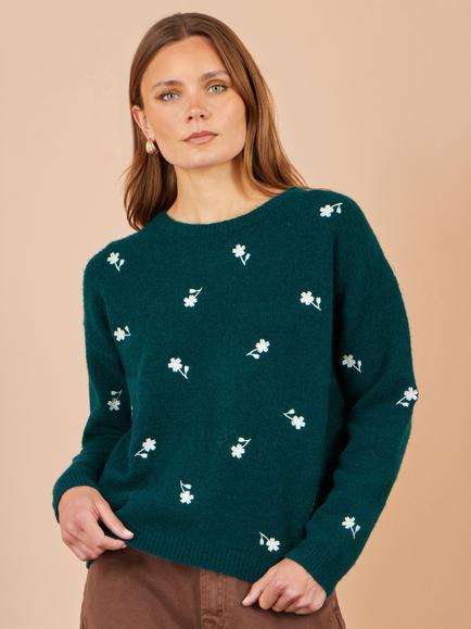 Yumi Daisy Embroidered Crew Neck Jumper, Green/White, Green/White