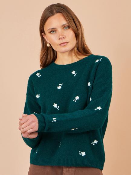 Yumi Daisy Embroidered Crew Neck Jumper, Green/White - view 2, Green/White