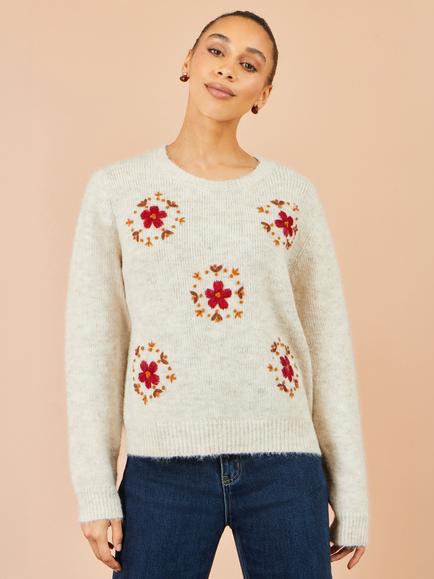 Yumi Floral Embroidered Fluffy Knit Jumper, Ivory/Multi, Ivory/Multi