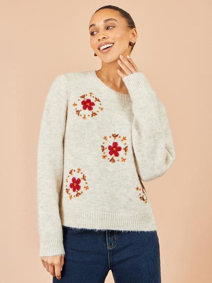 Yumi Floral Embroidered Fluffy Knit Jumper, Ivory/Multi - view 2, Ivory/Multi