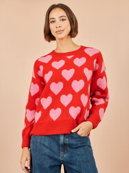 Yumi Heart Print Crew Neck Jumper, Red/Pink, Red/Pink