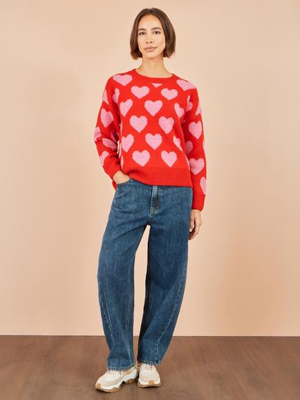 Yumi Heart Print Crew Neck Jumper, Red/Pink - view 2, Red/Pink