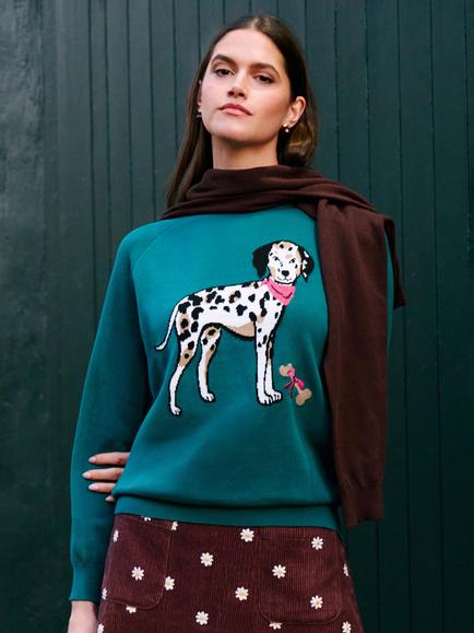 Yumi Dalmatian Intarsia Knit Jumper, Teal/Multi, Teal/Multi