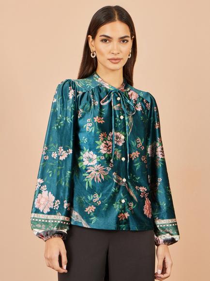 Yumi Floral Print Tie Neck Velvet Top, Green/Multi, Green/Multi