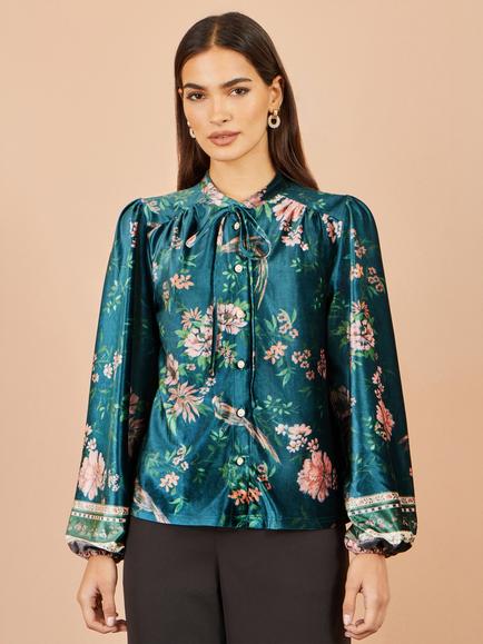 Yumi Floral Print Tie Neck Velvet Top, Green/Multi - view 2, Green/Multi