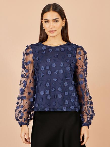 Yumi Floral Applique Sheer Long Sleeve Top, Navy