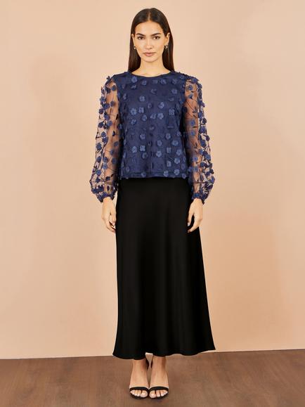 Yumi Floral Applique Sheer Long Sleeve Top - view 2, Navy
