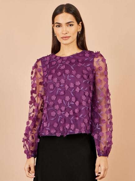 Yumi Floral Applique Sheer Long Sleeve Top, Plum