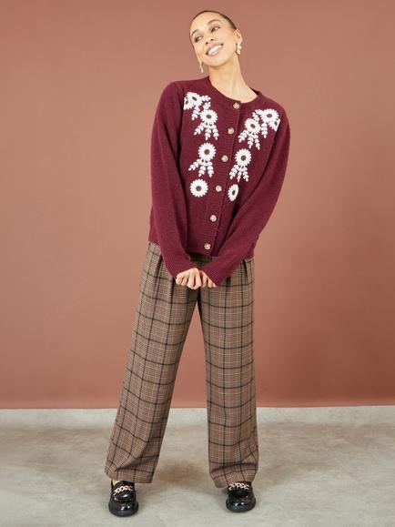 Yumi Check Wide Leg Trousers, Brown, Brown
