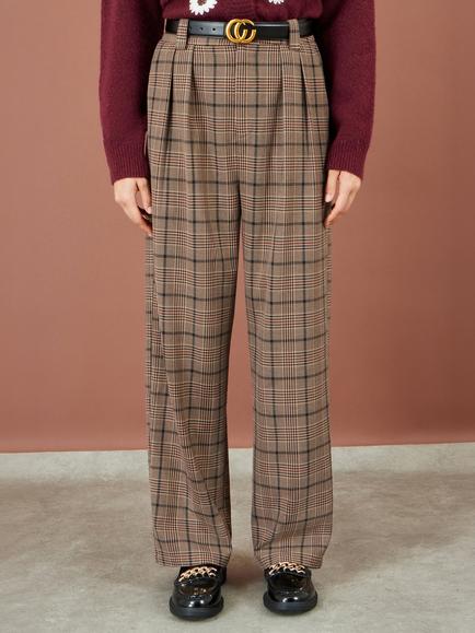 Yumi Check Wide Leg Trousers, Brown - view 2, Brown