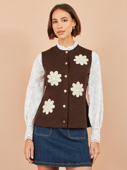 Yumi Floral Applique Cotton Rich Knit Waistcoat, Brown, Brown