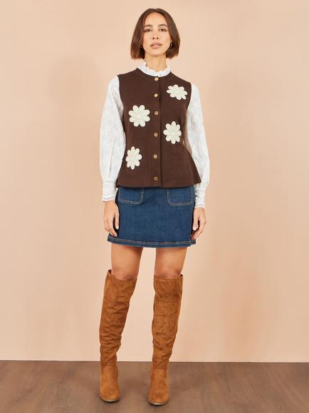 Yumi Floral Applique Cotton Rich Knit Waistcoat, Brown - view 2, Brown