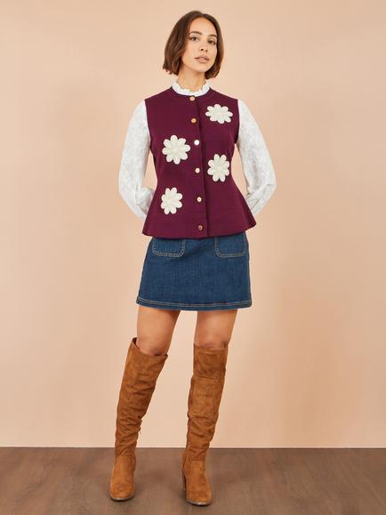 Yumi Cotton Rich Floral Applique Knit Waistcoat - view 2, Burgundy/Multi