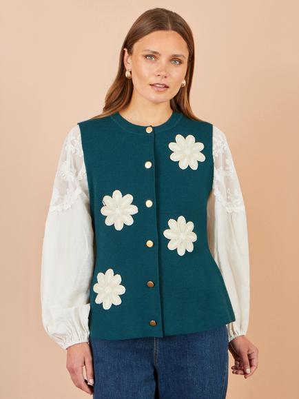 Yumi Cotton Rich Floral Applique Knit Waistcoat, Teal/Multi