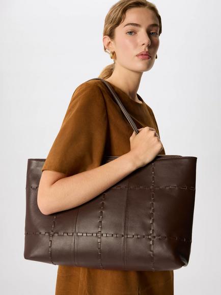 Whistles Whipstitch Leather Tote Bag, Chocolate - view 2, Chocolate