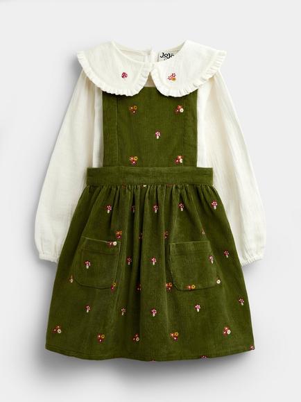 JoJo Maman Bébé Baby Cord Woodland Pinafore Set, Green, Khaki Green