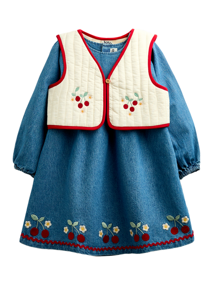 JoJo Maman Bébé Kids' Embroidered Denim Dress & Quilted Gilet Set, Mid Wash Denim, Mid Wash Denim