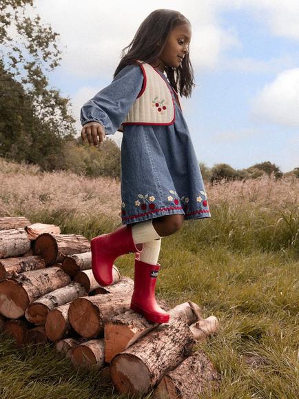 JoJo Maman Bébé Kids' Embroidered Denim Dress & Quilted Gilet Set, Mid Wash Denim - view 2, Mid Wash Denim