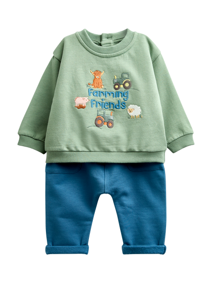 JoJo Maman Bébé Baby Farming Days Sweatshirt & Joggers Set, Mid Green, Mid Green