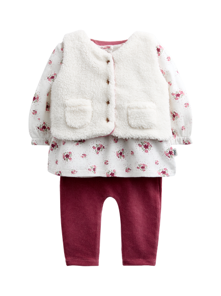 JoJo Maman Bébé Baby Floral Top, Leggings & Gilet Set, Pink, Pink