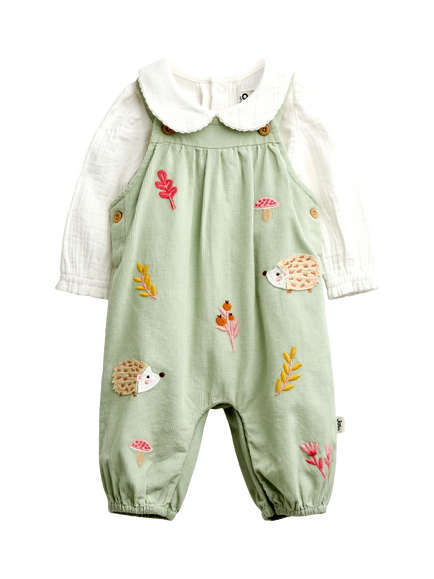 JoJo Maman Bébé Baby Hedgehog Dungarees & Long Sleeve Bodysuit Set, Green, Green