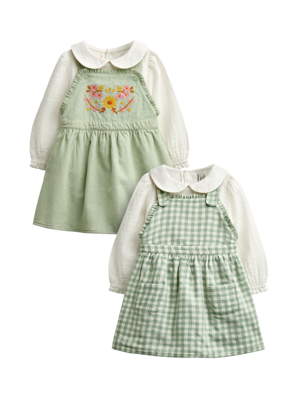 JoJo Maman Bébé Baby Embroidered Reversible Dress & Long Sleeve Bodysuit Set, Green, Green