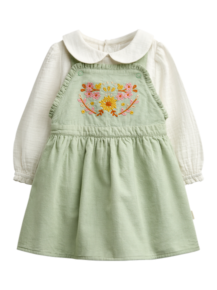 JoJo Maman Bébé Baby Embroidered Reversible Dress & Long Sleeve Bodysuit Set, Green - view 2, Green