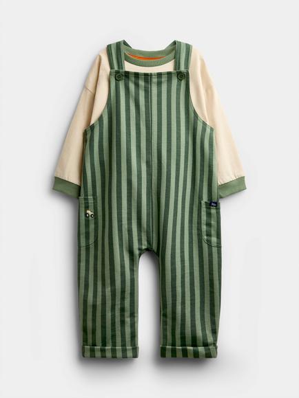 JoJo Maman Bébé Baby Striped Top and Dungarees, Khaki Green, Khaki Green
