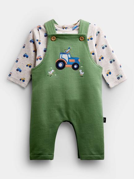 JoJo Maman Bébé Baby Tractor Bodysuit and Dungaree Set, Mid Green, Mid Green