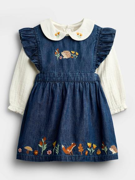 JoJo Maman Bébé Baby Floral Embroidered Chambray Dress and Bodysuit Set, Blue, Blue