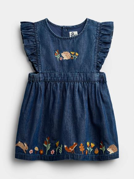 JoJo Maman Bébé Baby Floral Embroidered Chambray Dress and Bodysuit Set, Blue - view 2, Blue