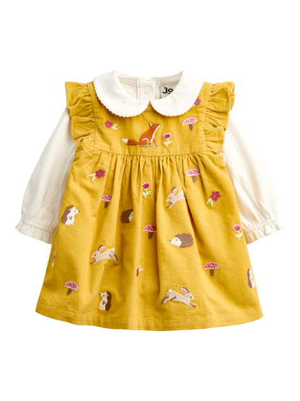 JoJo Maman Bébé Baby Woodland Embroidered Dress & Long Sleeve Bodysuit Set, Ochre, Ochre
