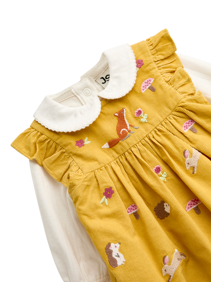 JoJo Maman Bébé Baby Woodland Embroidered Dress & Long Sleeve Bodysuit Set, Ochre - view 2, Ochre