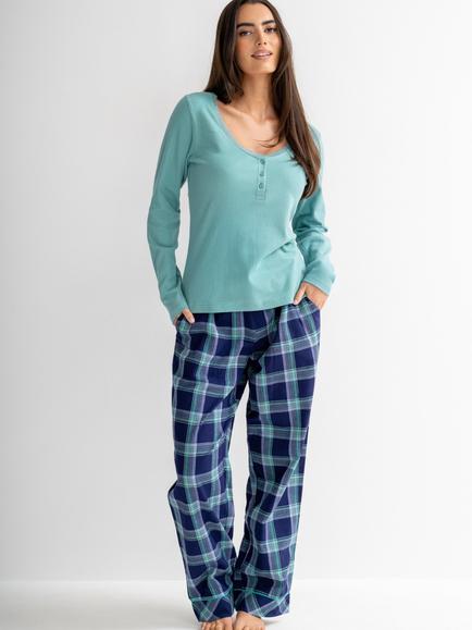 Pour Moi Rib Jersey Lace Trim Henley Pyjama Set, Navy/Light Teal, Navy/Light Teal